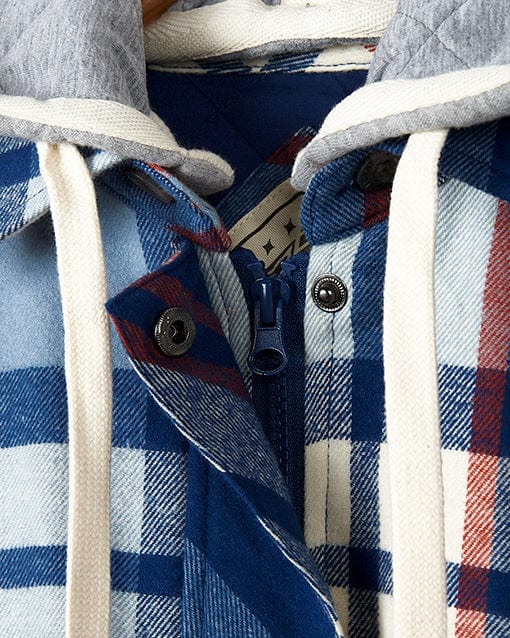 A Saltrock Myla - Womens Hooded Checked Shacket - Blue Check with a detachable hood and front pockets.