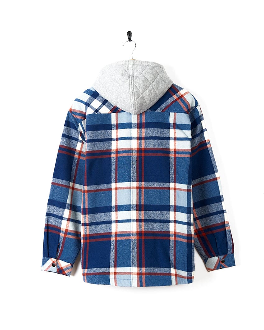 A Saltrock Myla - Womens Hooded Checked Shacket - Blue Check with front pockets, hanging on a hanger.