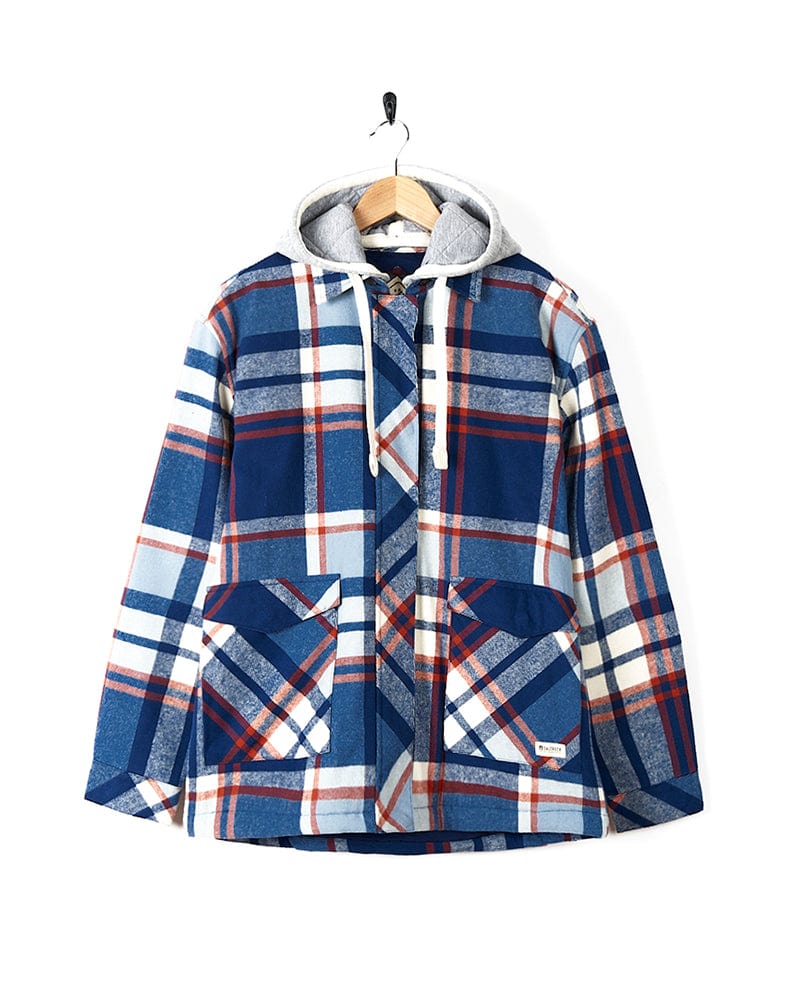 A Saltrock Myla - Womens Hooded Checked Shacket - Blue Check jacket with front pockets on a hanger.