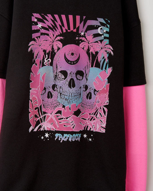 A close-up of a machine washable Mystic Skulls - Kids Pop Hoodie - Dark Grey with a graphic print featuring a skull illustration, tropical motifs, and the word "psycho" by Saltrock.