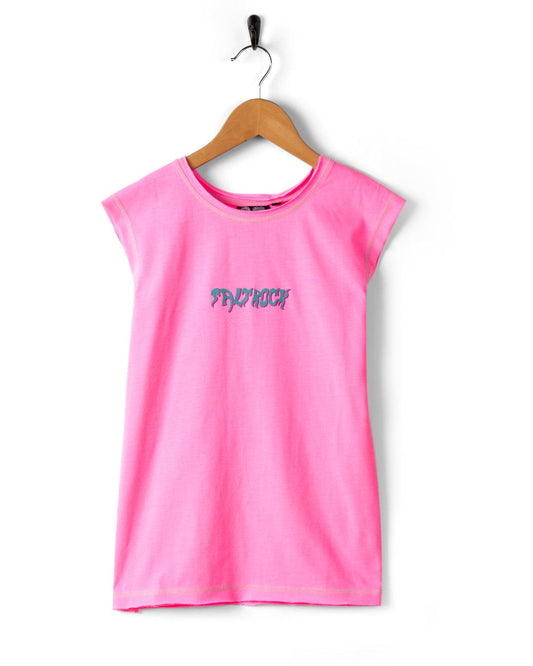 A pink Mystic Skulls - Recycled Kids Longline Vest with the word "FEMINIST" in blue print, hanging on a wooden hanger against a white background.