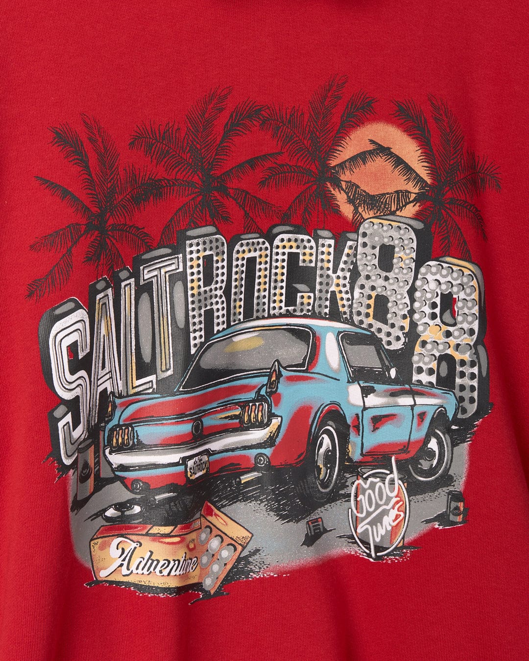 Neon Boneyard - Mens Oversized Pop Hoodie - Red featuring a graphic design of a classic car with palm trees, a sunset, and the text "Saltrock 68, adrenaline, good times".