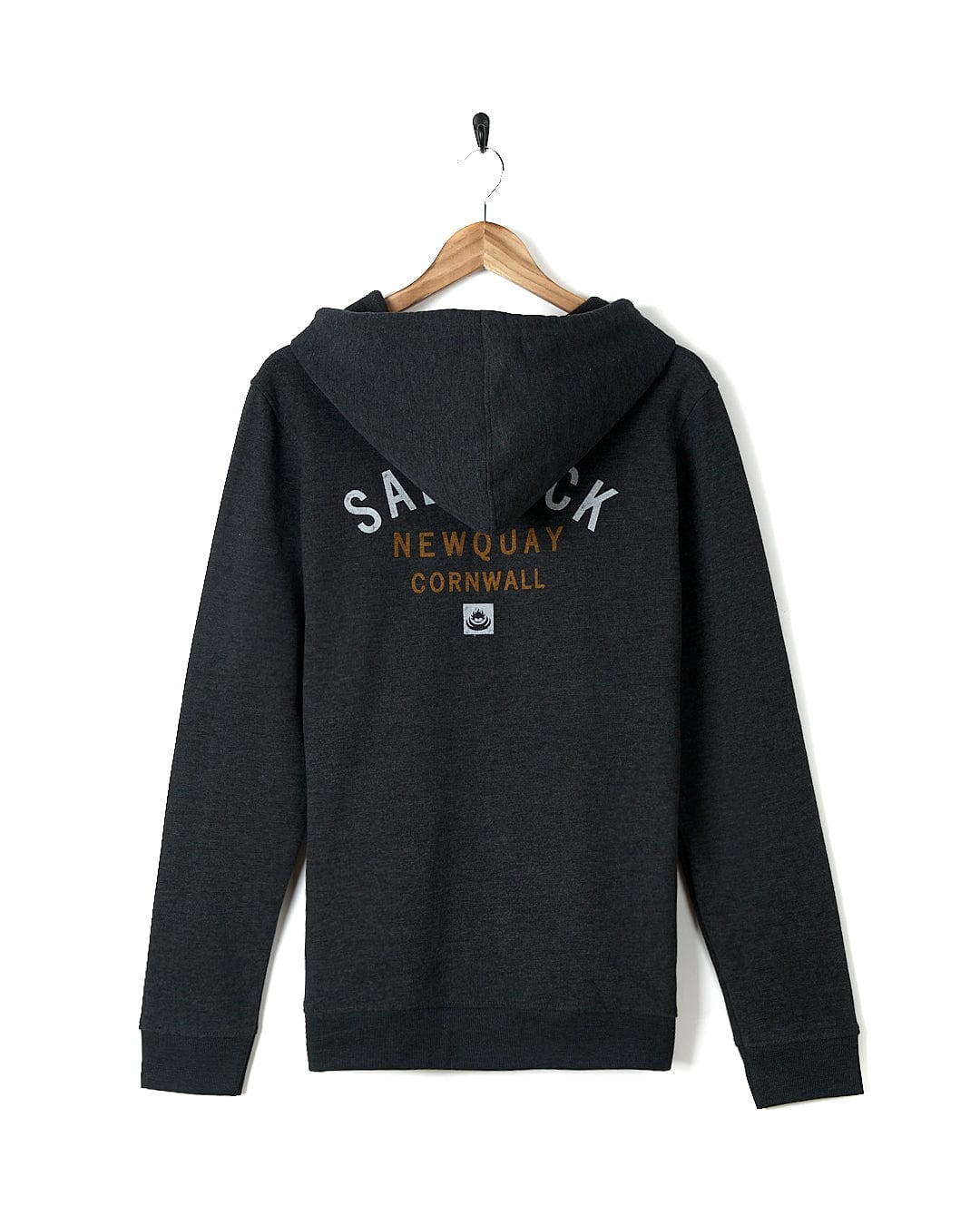 A Saltrock Location Zip Hoodie - Newquay - Dark Grey with the word sailor on it.