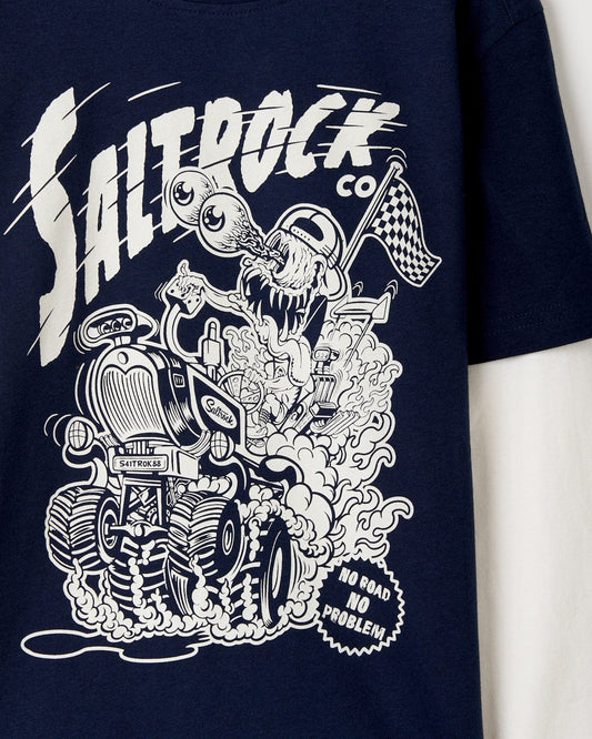 Navy t-shirt with a crew neckline, featuring a white Saltrock illustration of a monster truck and the text "Saltrock Co.", "off-road division", and "no road no problem".