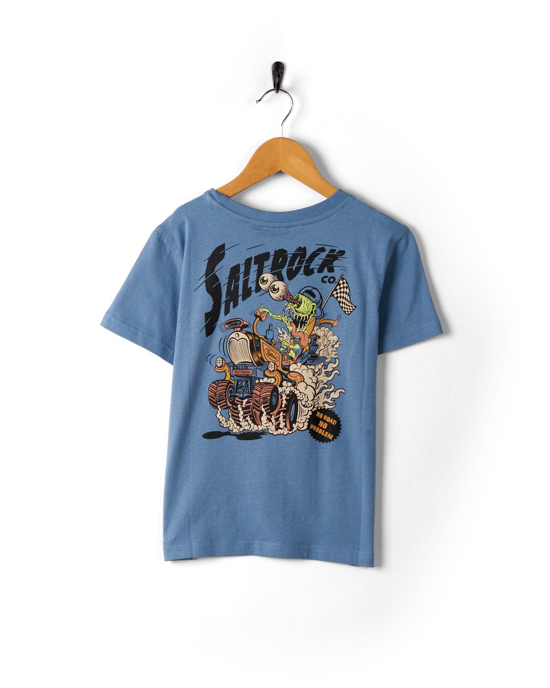 A Saltrock blue cotton t-shirt with an image of a boy riding a motorcycle.
