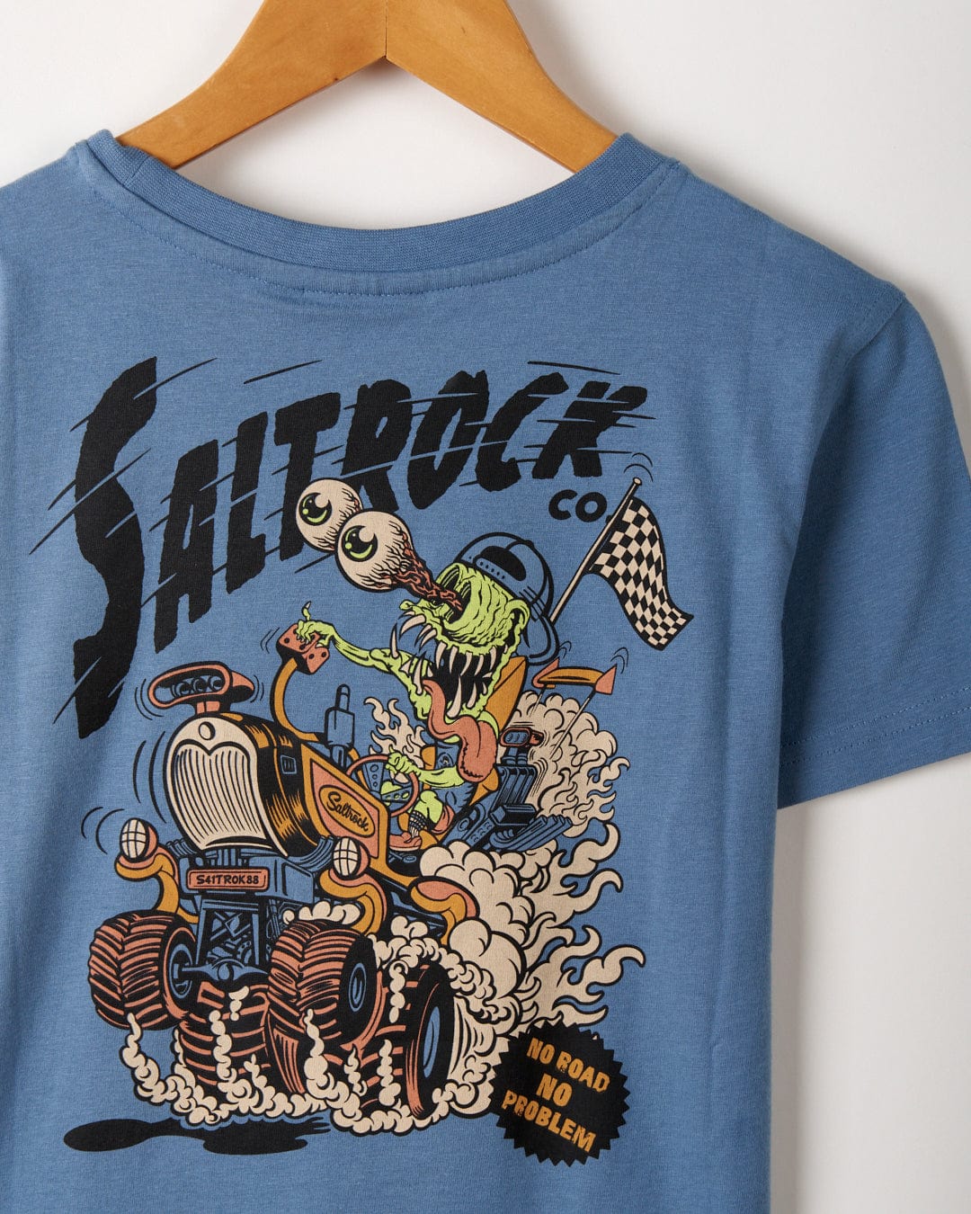 A "No Road No Problem" Kids Short Sleeve T-Shirt in Blue from Saltrock.