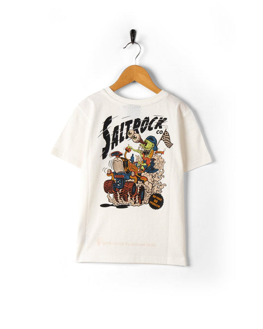 A white No Road No Problem - Kids Short Sleeve T-Shirt with cartoon characters on it, made of 100% Cotton from Saltrock.