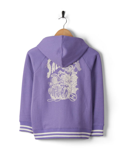 A Saltrock branded No Road No Problem - Kids Zip Hoodie - Purple with graphic print hanging on a wooden hanger against a white background.