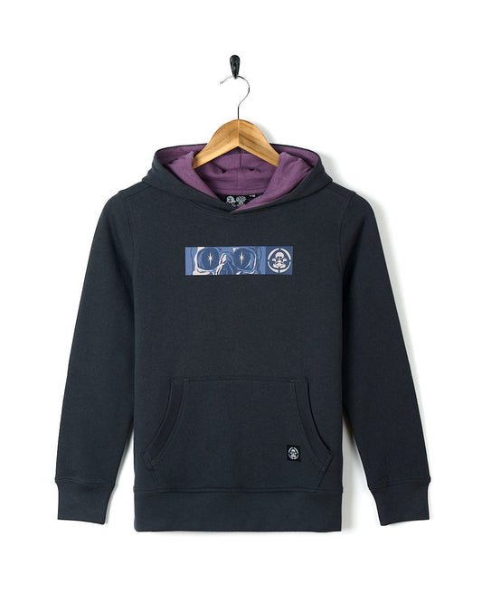 A No Shroom - Pop Hoodie - Black with a purple logo on it by Saltrock.