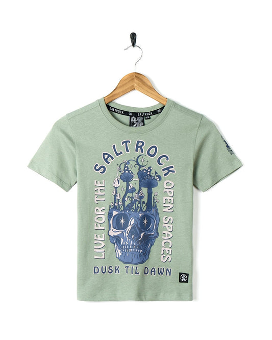 A No Shroom - Kids Short Sleeve T-Shirt - Light Green with a skull on it. (Brand: Saltrock)