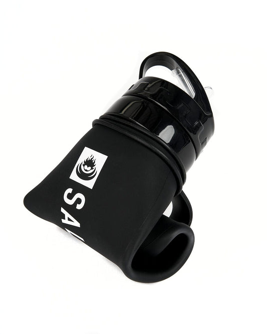 A collapsible black Nusa water bottle holder with the word Saltrock on it, perfect for staying re-useable and eco-friendly.