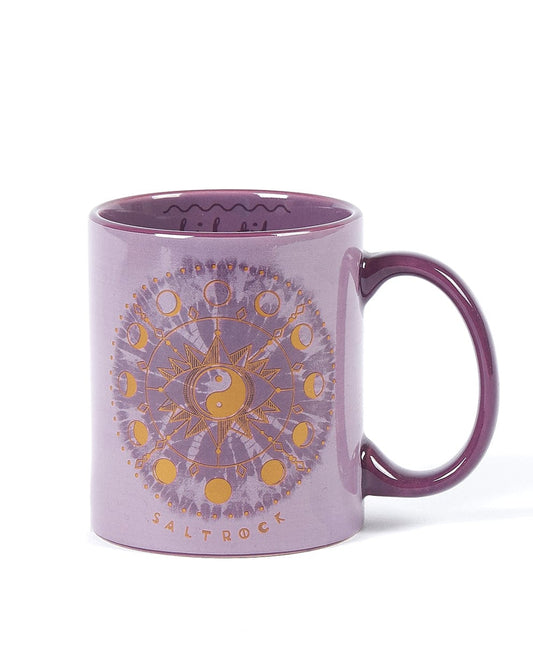 An Ophelia Mug in Purple by Saltrock, with an orange and yellow design that is dishwasher and microwave safe.