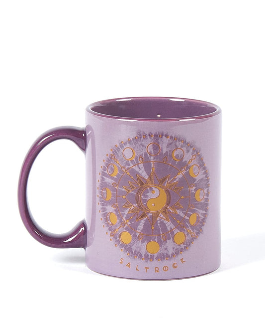 A Ophelia - Mug - Purple from Saltrock with a purple, orange, and yellow design that is dishwasher and microwave safe.
