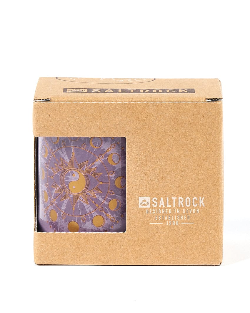 A Saltrock Ophelia - Mug - Purple with heat retention that is dishwasher and microwave safe, inside a box.
