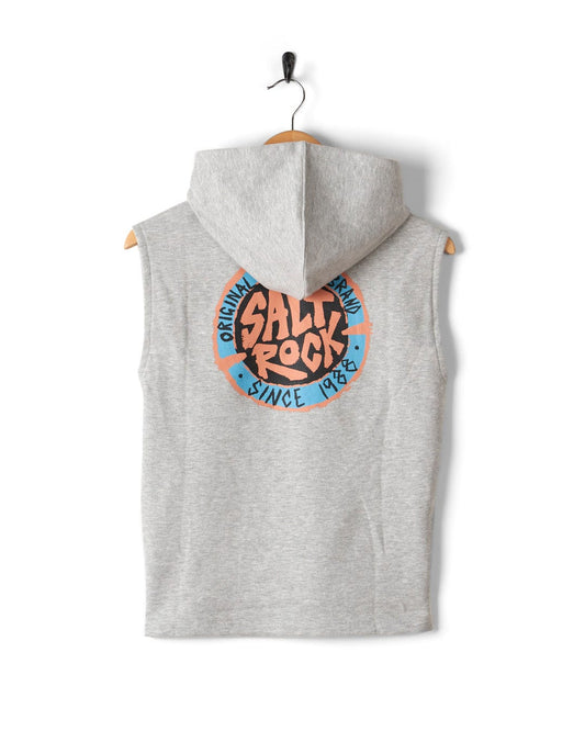 A grey cotton Original SR - Kids Sleeveless Pop Hoodie by Saltrock with an orange and blue logo on it.
