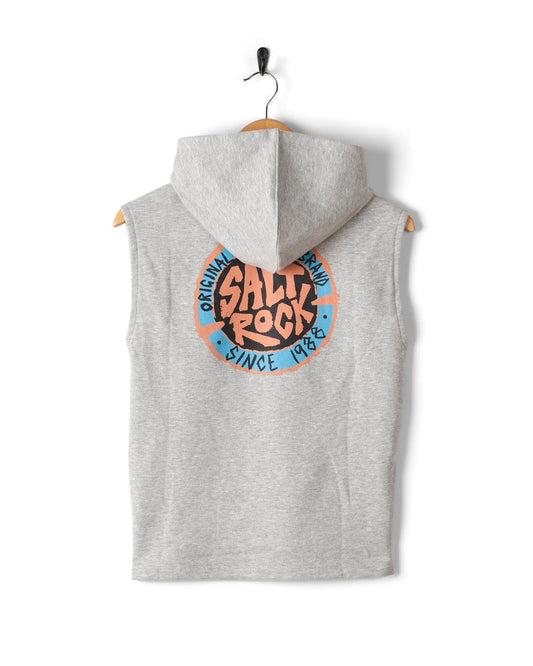 SR Original - Kids Sleeveless Pop Hoodie in grey melange with Saltrock graphic hanging on a white wall.