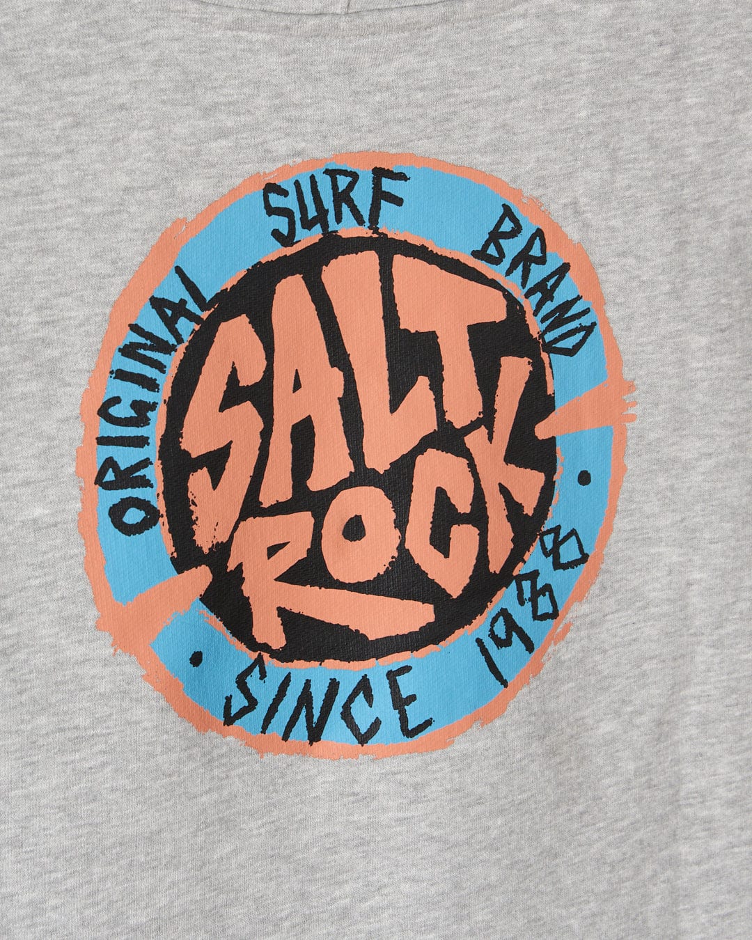 Logo of Saltrock, an SR Original surf brand since 1988, printed on a grey melange sleeveless pop hoodie.