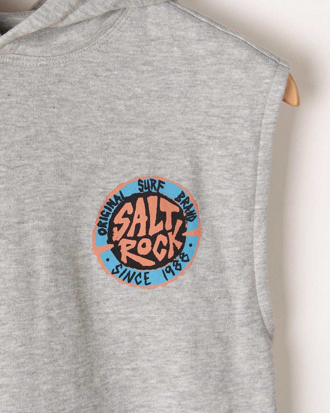 Grey melange sleeveless t-shirt with a round "SR Original - Kids Sleeveless Pop Hoodie" logo patch on the back by Saltrock.