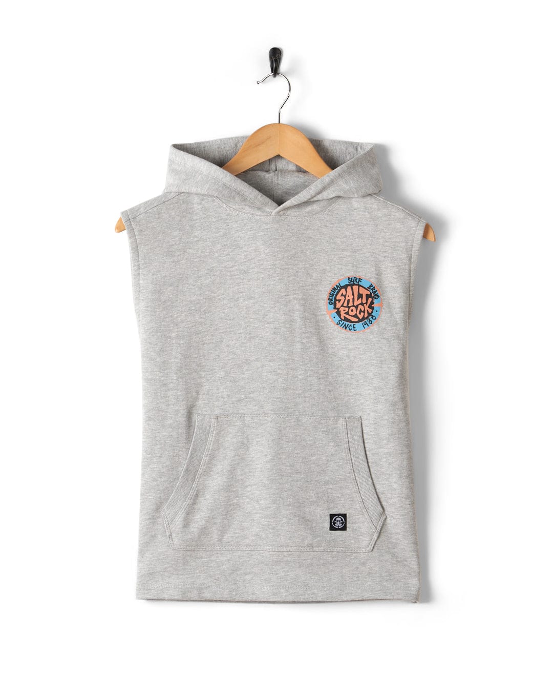 Grey melange sleeveless SR Original - Kids Pop Hoodie with front pocket and Saltrock graphic hanging on a wall.