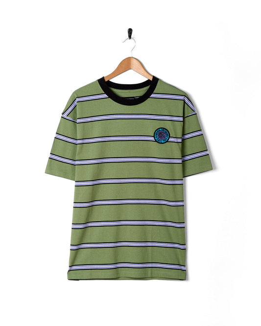 Striped green SR Original t-shirt with a retro surf badge on a hanger against a white background.