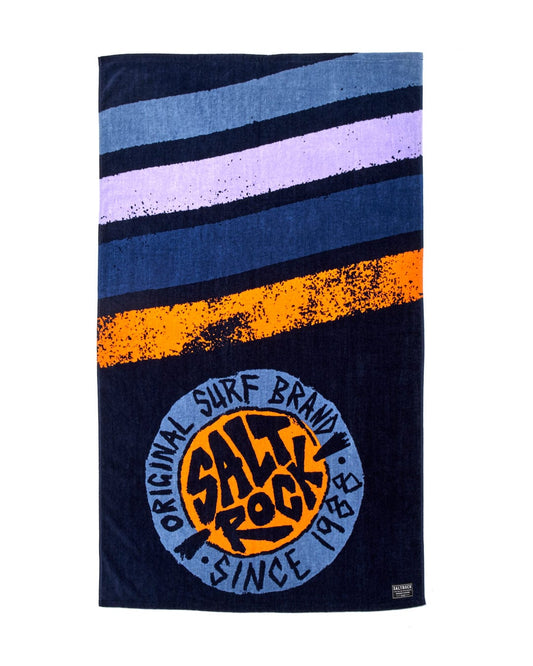 Striped beach towel with Saltrock logo, featuring soft towelling and machine washable.