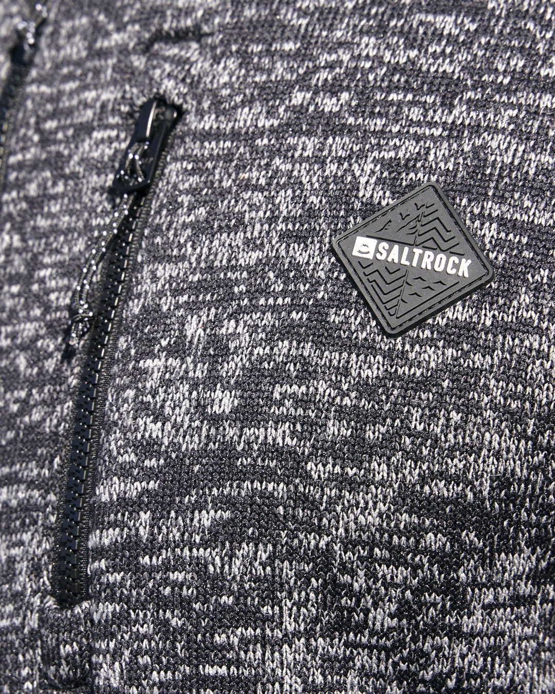 A close up of a Saltrock Oskar - Mens Bonded Zip Hoodie - Grey with a logo on it.