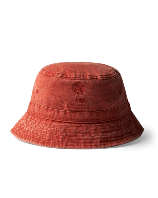 Replace sentence: Burnt Orange Palm bucket hat with embroidery on a white background.