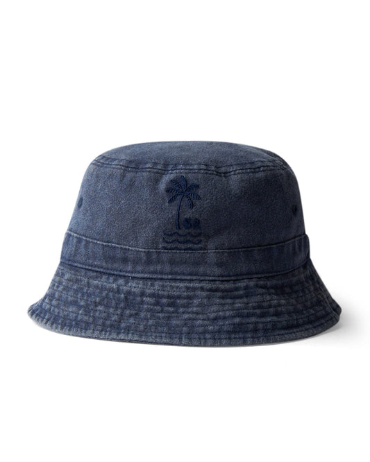 Saltrock's Palm Bucket Hat - Dark Blue with a palm tree embroidery on a white cotton background.