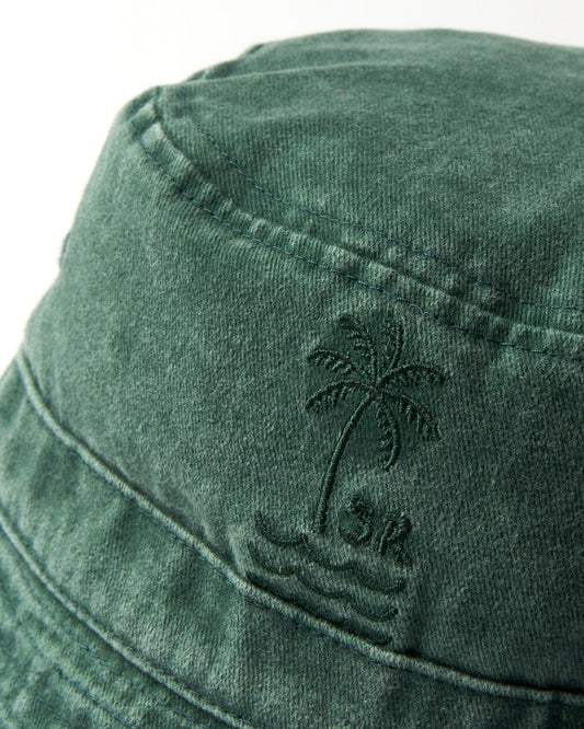 Close-up of a Palm Bucket Hat - Green with an embroidered palm tree design from Saltrock.