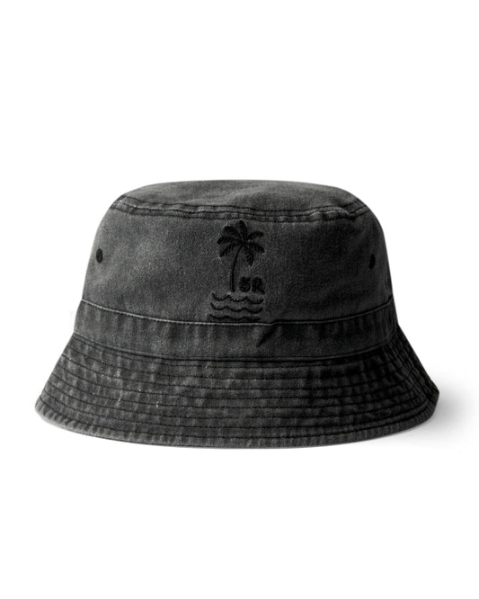Saltrock's Palm Bucket Hat - Dark Grey with palm tree embroidery on a white background.