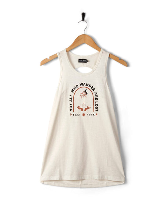 White crew neck t-shirt with graphic print hanging on hanger against a white background. Text reads "not all who wander are lost - Saltrock Palmera - Womens Vest - White".