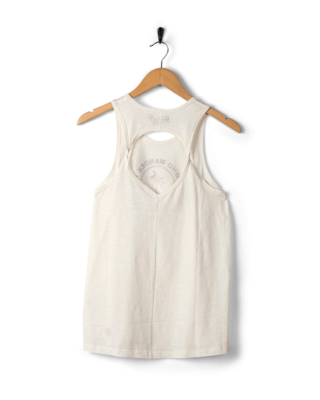White Palmera sleeveless tank top, made from 100% cotton, hanging on a black hanger against a white background. Brand: Saltrock.