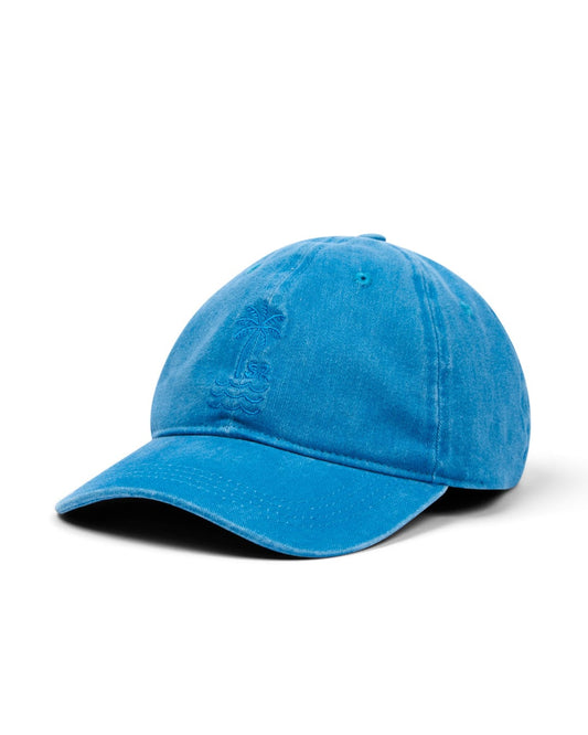 Palm Cap - Blue Saltrock baseball cap with embroidery on a white background.