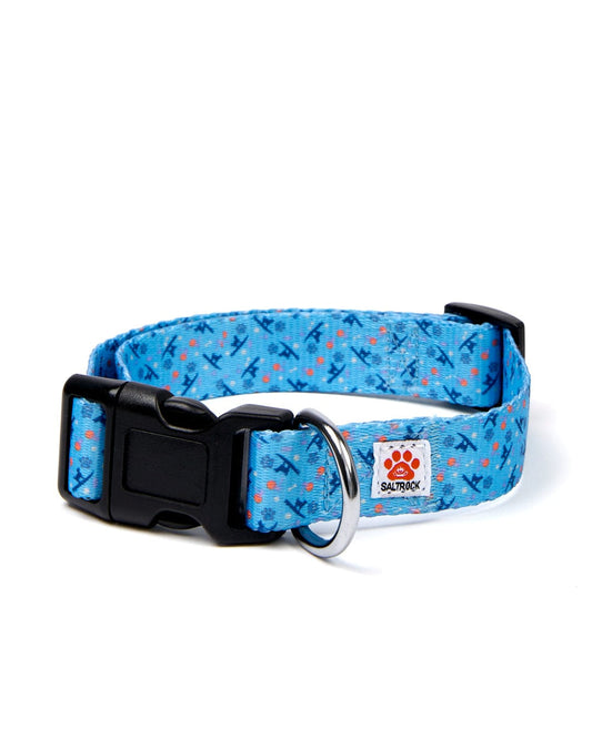 A Saltrock Paw Print - Dog Collar - Blue with a black buckle.