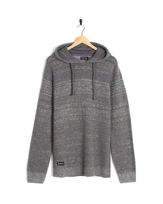 A Paxton - Mens Grey Knitted Hoodie with Saltrock branding hanging on a hanger.