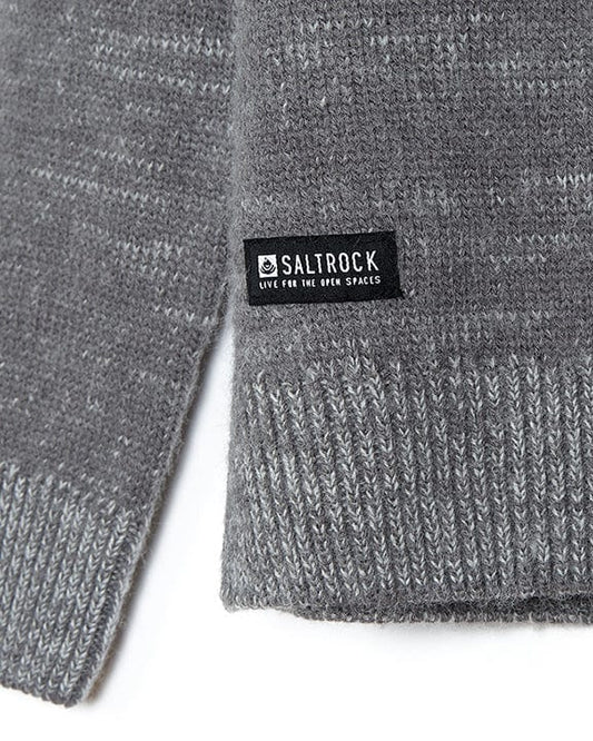 A Saltrock branded Paxton Mens Knitted Hoodie in Grey with a logo on knitted fabric.