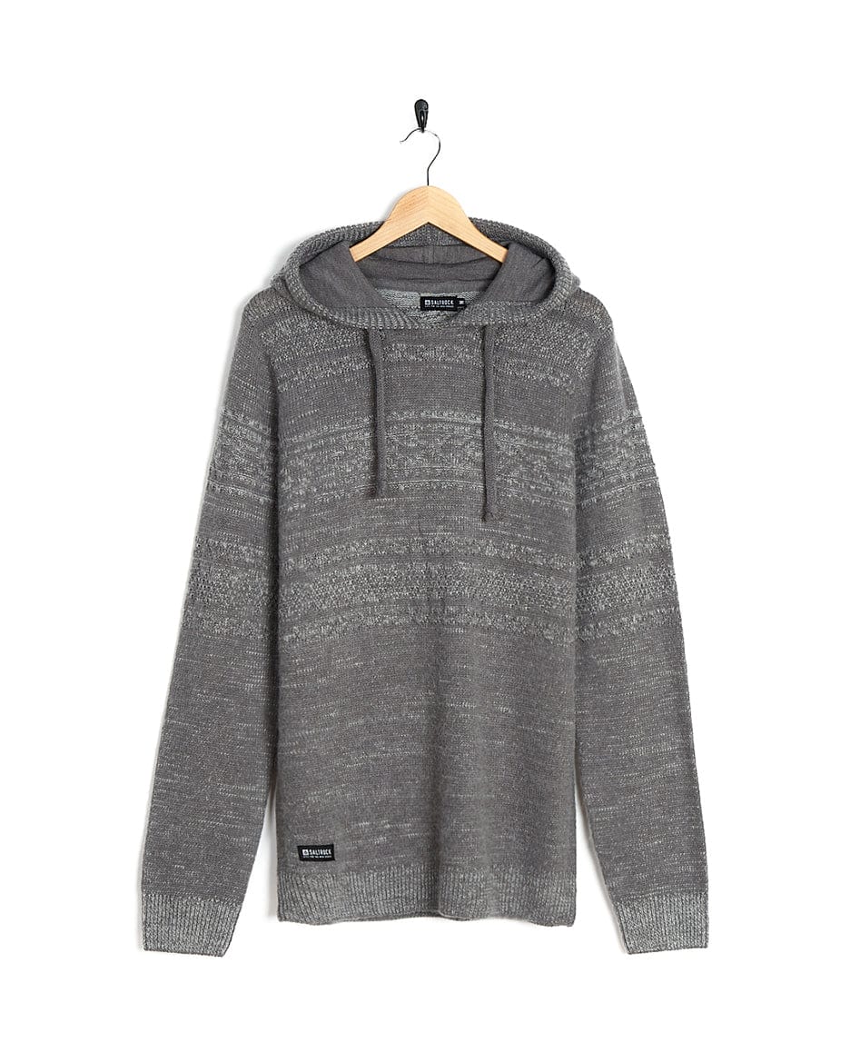A Paxton - Mens Grey Knitted Hoodie with Saltrock branding hanging on a hanger.