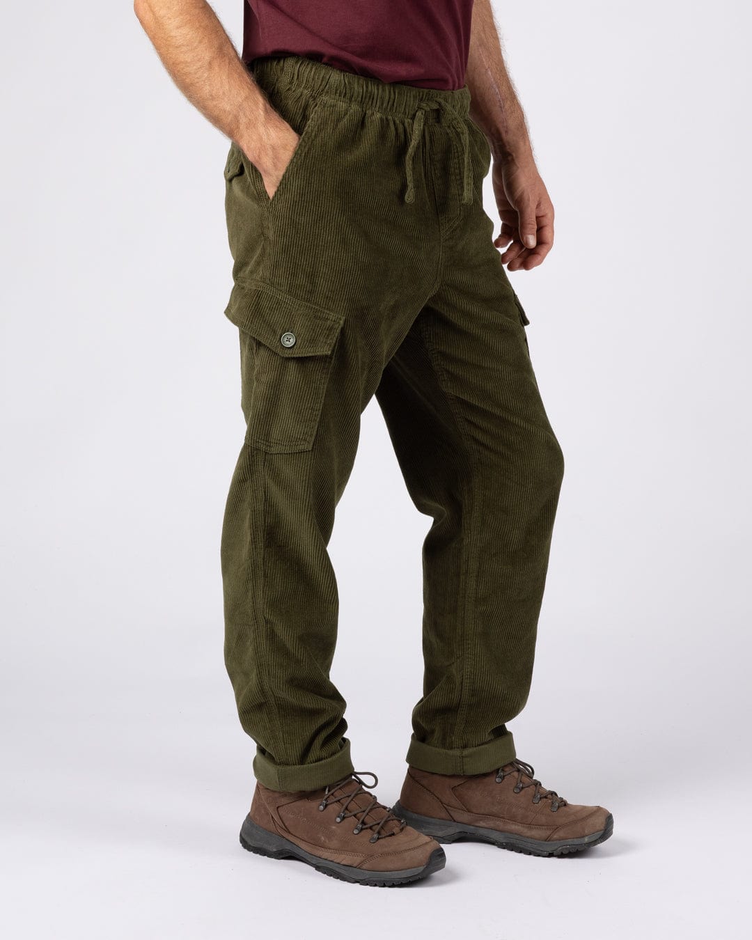 Grove - Mens Corduroy Cargo Trousers - Dark Green