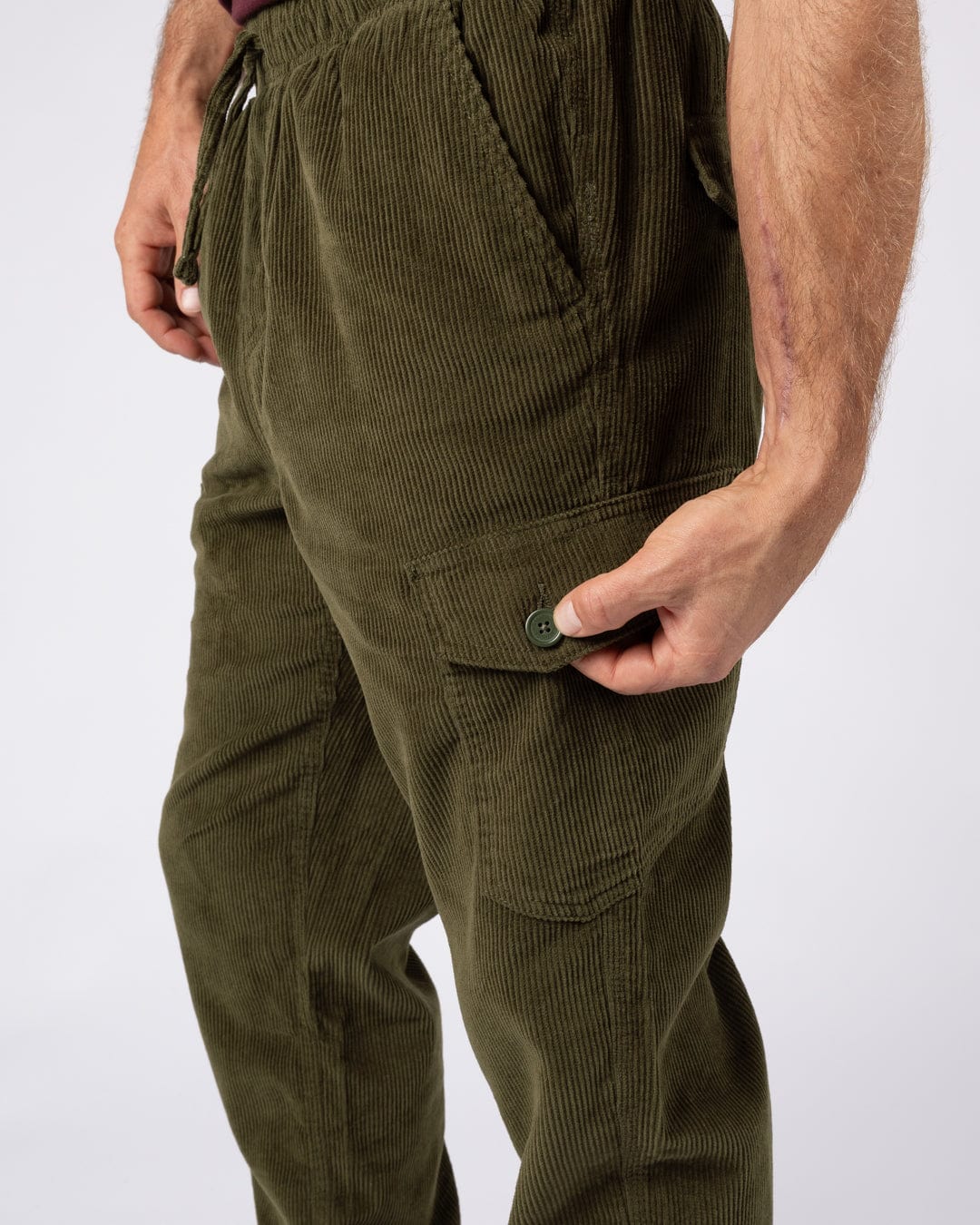 Grove - Mens Corduroy Cargo Trousers - Dark Green