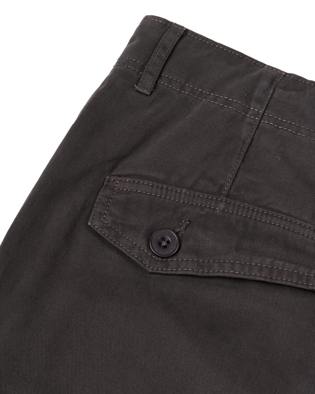 Close-up of a Penwith II - Mens Cargo Shorts - Dark Grey pocket with a button by Saltrock.