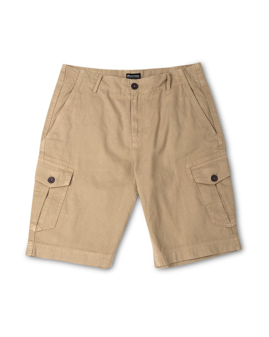 A pair of Penwith II - Mens Cargo Shorts - Cream with cargo pockets isolated on a white background by Saltrock.