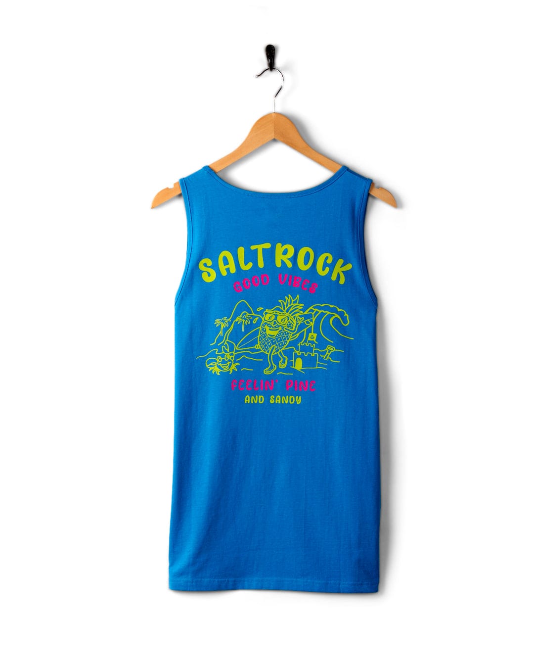 Blue cotton "Pine And Sandy" tank top by Saltrock featuring a design with a lizard, surfboard, and palm tree, along with the text "Good Vibes" and "Pecan Pink and Bango.