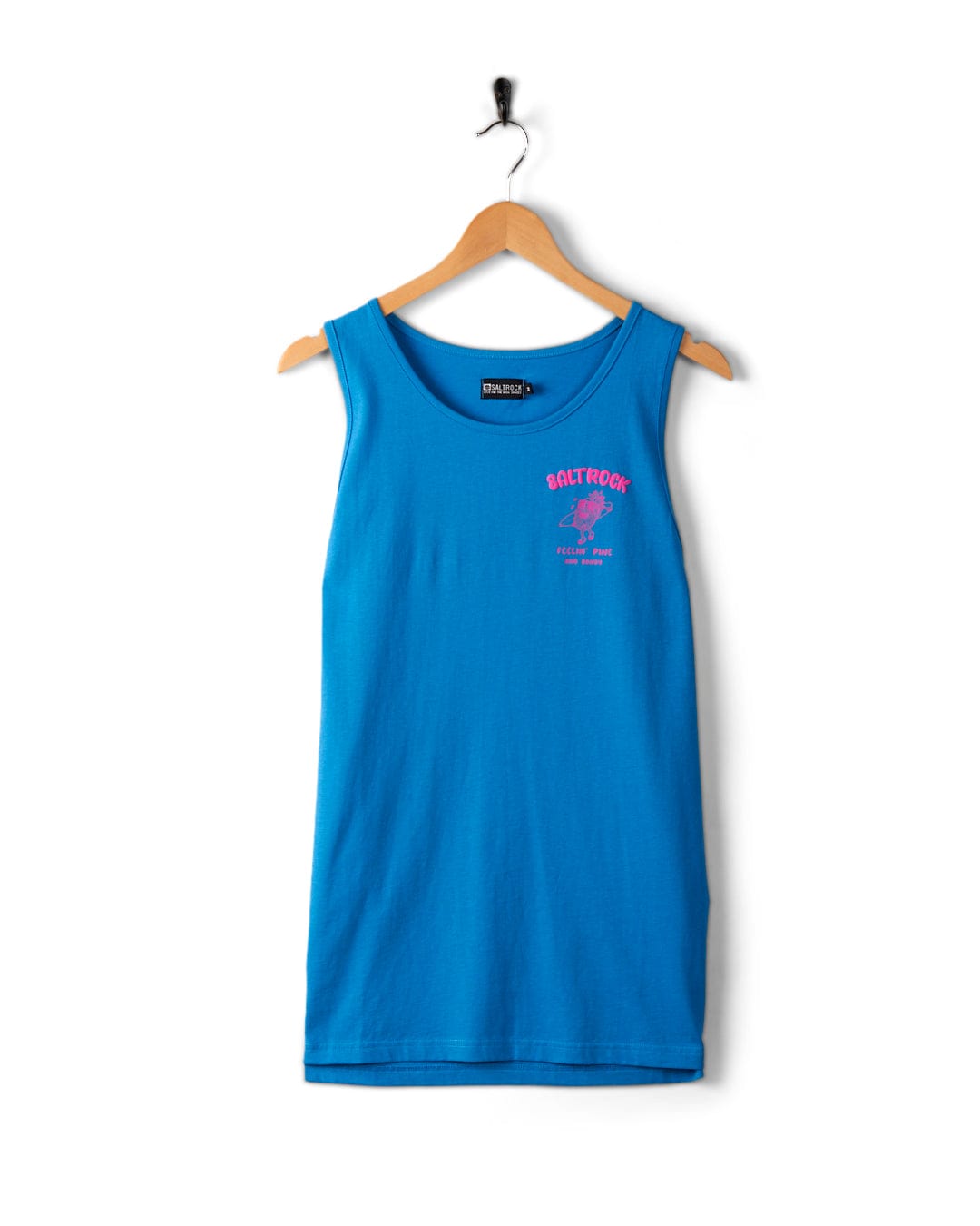 The Saltrock Pine And Sandy Men's vest in blue, featuring a pink graphic on the left chest area, is displayed on a wooden hanger against a white background.