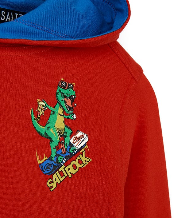 A Saltrock hoodie with a Pizzasaurus Rex - Kids Pop Hoodie - Red on it.