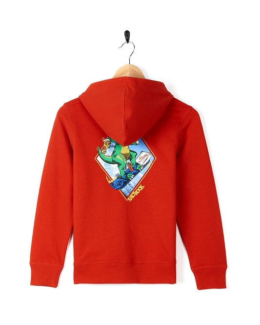 A Pizzasaurus Rex - Kids Pop Hoodie - Red with a skateboarder image made by Saltrock.