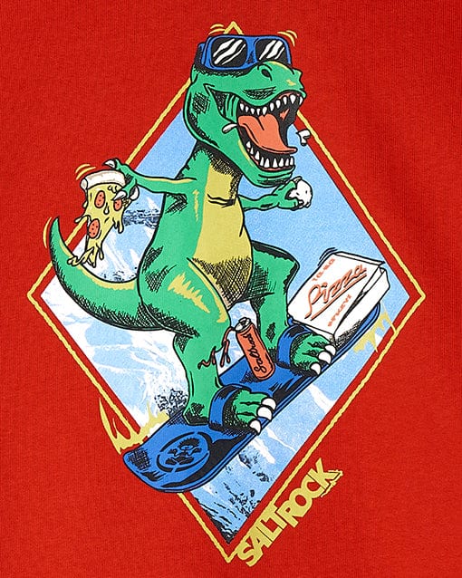 A Pizzasaurus Rex - Kids Pop Hoodie - Red riding a skateboard on a Saltrock hoodie.