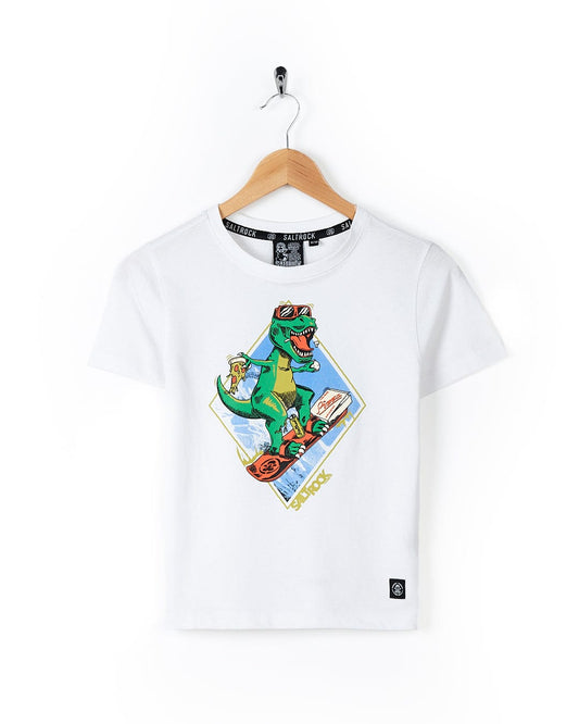 A Saltrock Pizzasaurus Rex - Kids Short Sleeve T-Shirt - White with a dinosaur graphic.