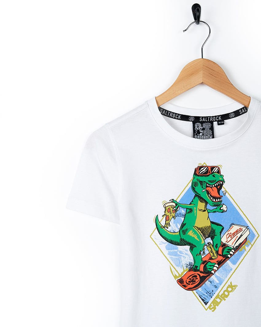 A Saltrock Pizzasaurus Rex - Kids Short Sleeve T-Shirt - White t-shirt with a dinosaur graphic.
