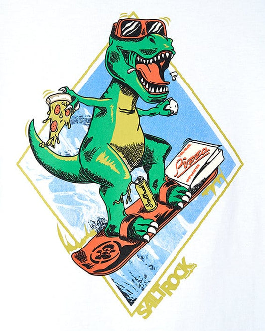 A Saltrock branded Pizzasaurus Rex - Kids Short Sleeve T-Shirt - White featuring a Dinosaur graphic.