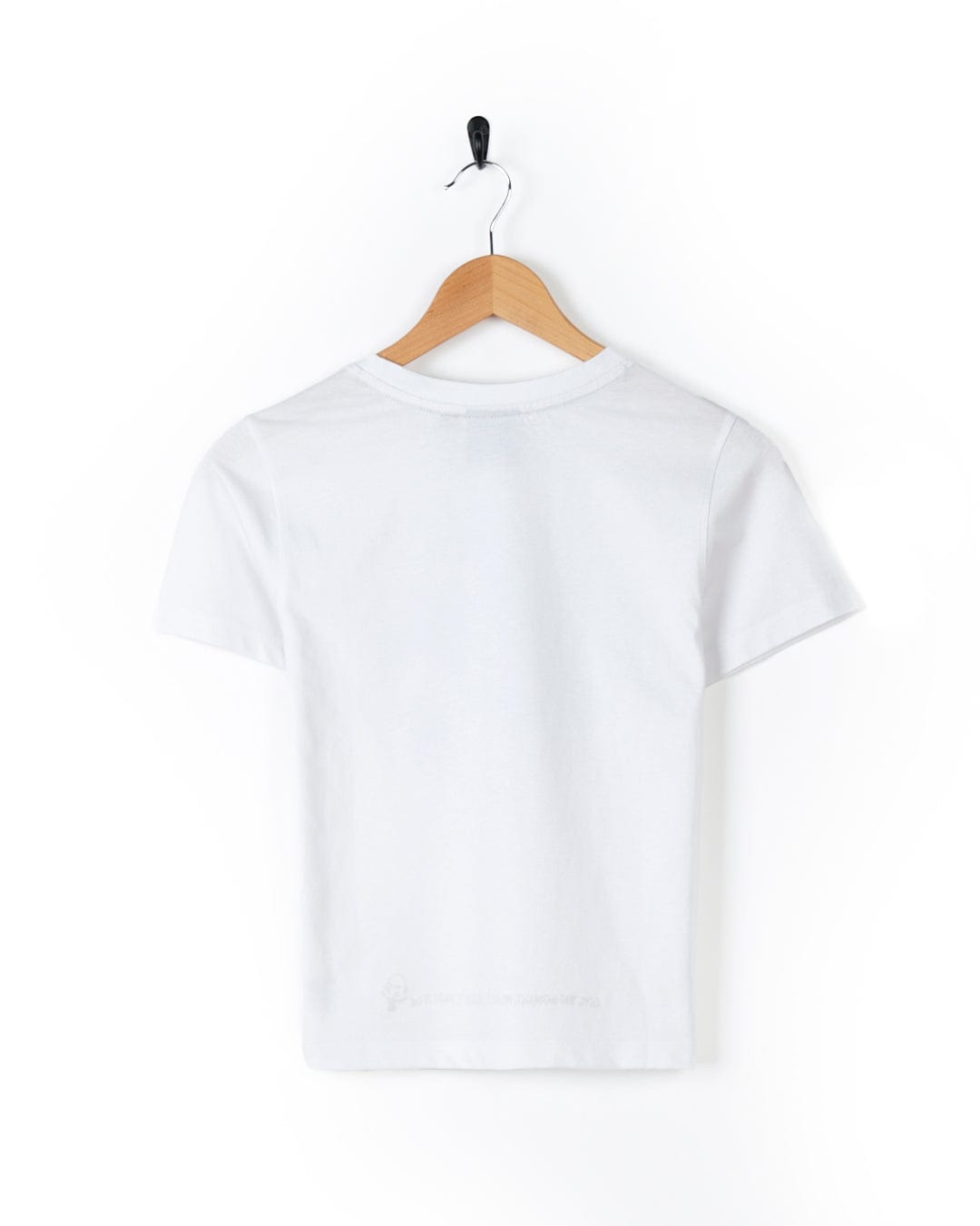 A white Pizzasaurus Rex - Kids Short Sleeve T-Shirt - White from the brand Saltrock hanging on a wooden hanger.